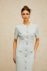 Giselle Midi Dress Light - Blue Knit Ruffle Trim Button Front Pencil Silhouette