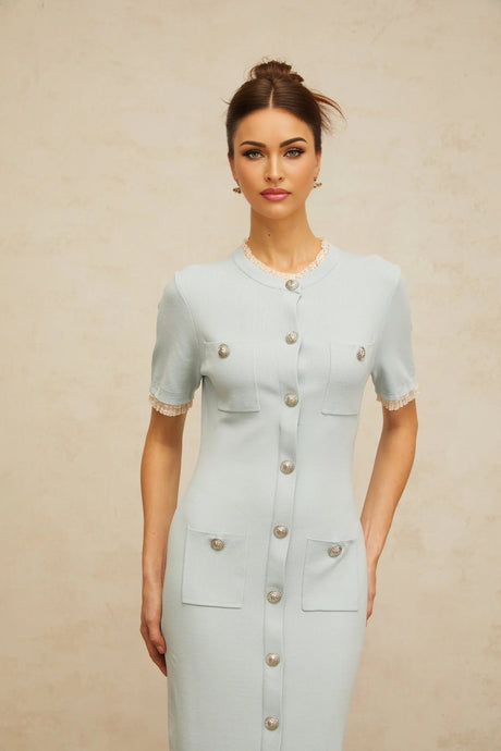 Giselle Midi Dress Light - Blue Knit Ruffle Trim Button Front Pencil Silhouette