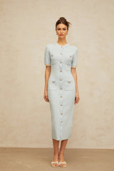 Giselle Midi Dress Light - Blue Knit Ruffle Trim Button Front Pencil Silhouette