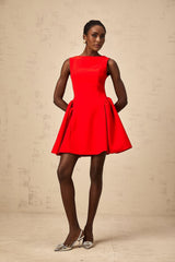Giselle Mini Dress - Bateau Neckline - Sleeveless - Scoop Back - Fitted Waist with Ruched Detailing
