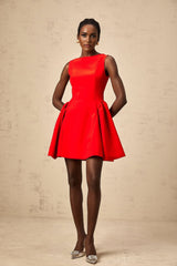 Giselle Mini Dress - Bateau Neckline - Sleeveless - Scoop Back - Fitted Waist with Ruched Detailing