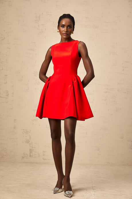 Giselle Mini Dress - Bateau Neckline - Sleeveless - Scoop Back - Fitted Waist with Ruched Detailing