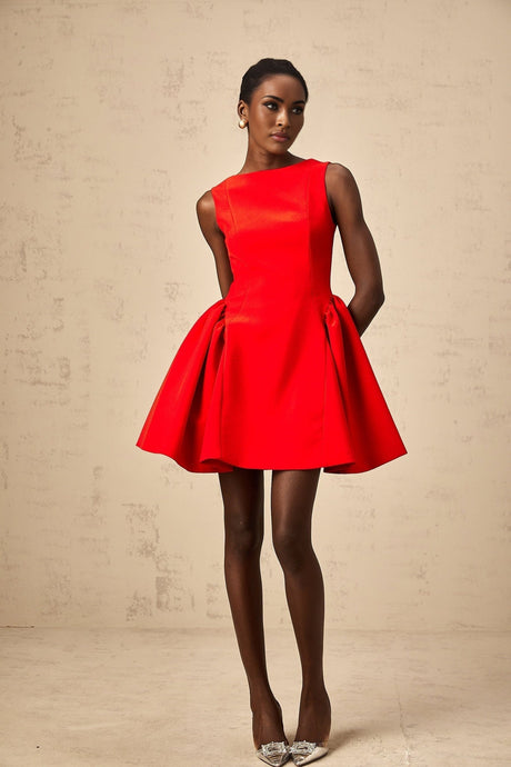 Giselle Mini Dress - Bateau Neckline - Sleeveless - Scoop Back - Fitted Waist with Ruched Detailing