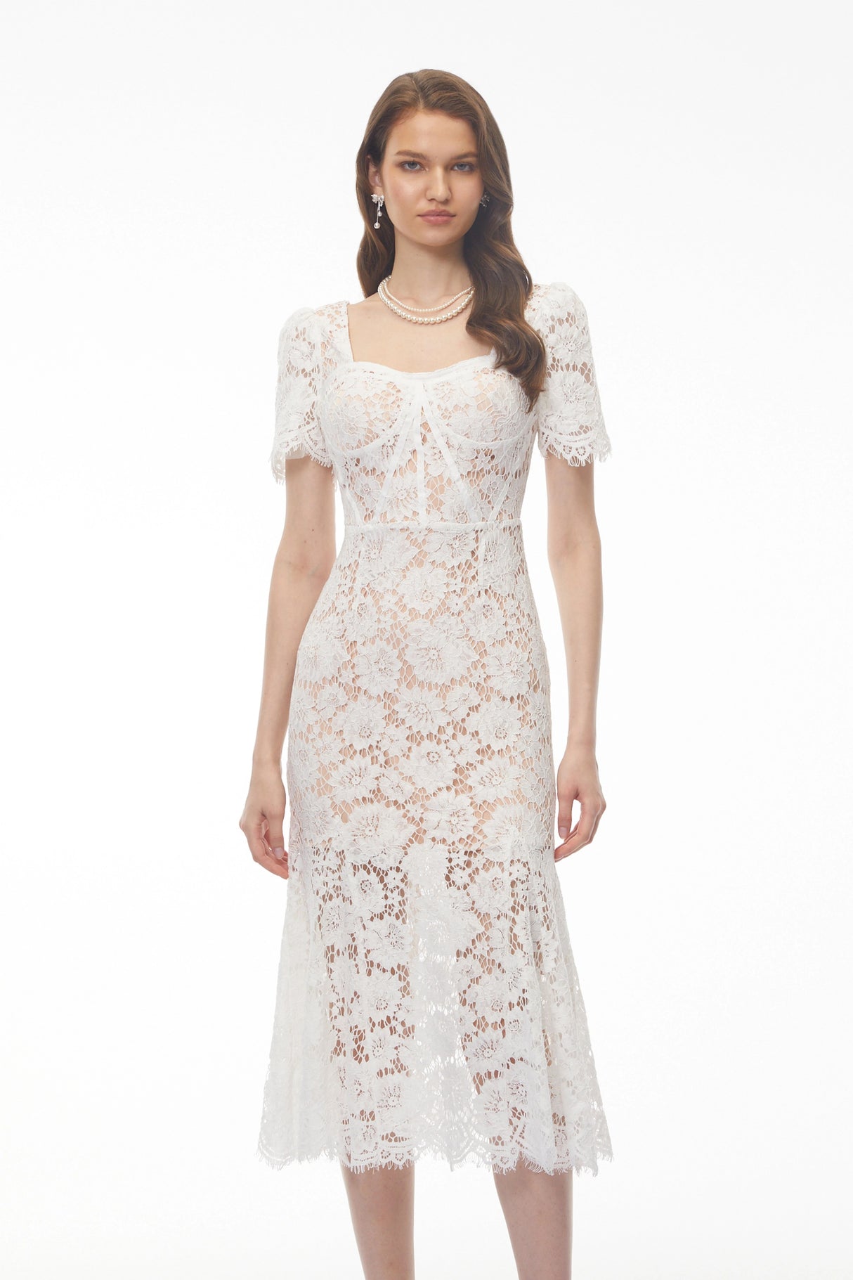 Giselle White Puff Sleeve Floral Lace Midi Dress