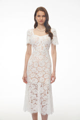 Giselle White Puff Sleeve Floral Lace Midi Dress