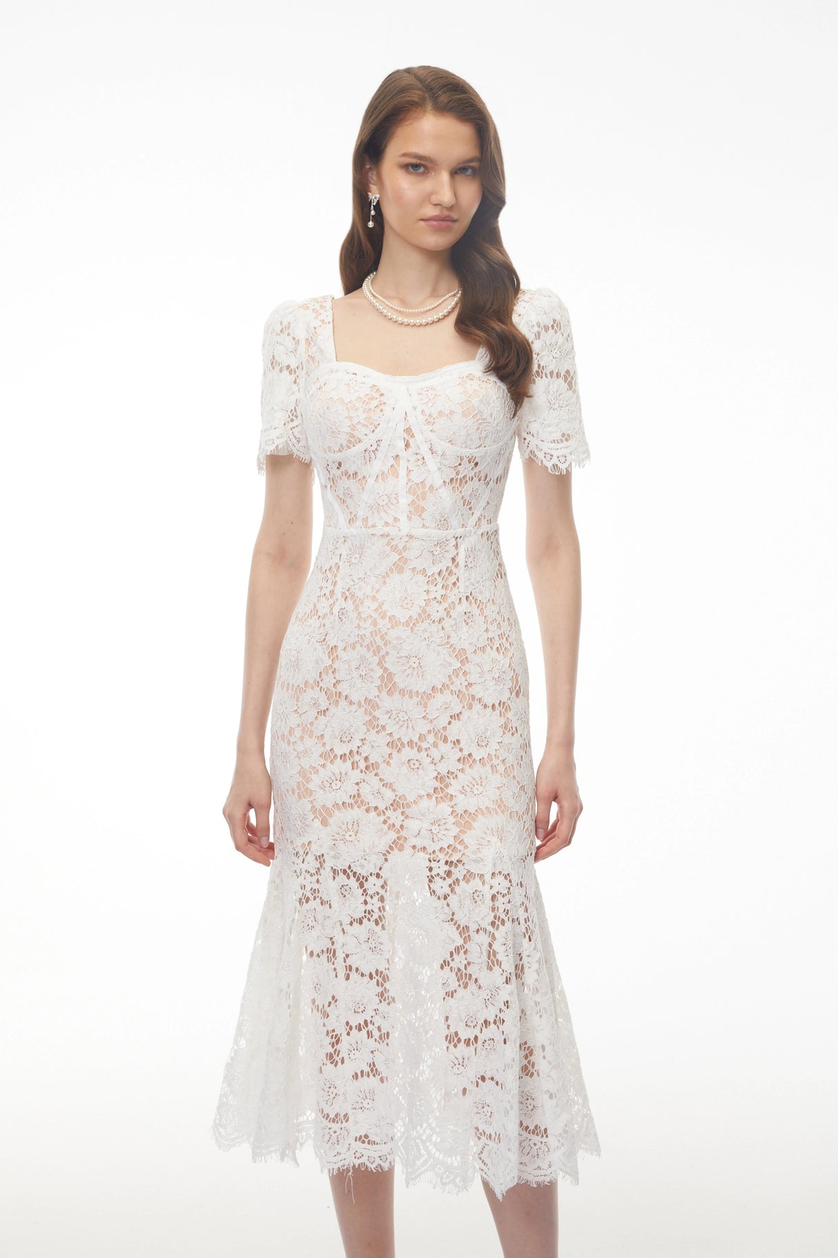 Giselle White Puff Sleeve Floral Lace Midi Dress