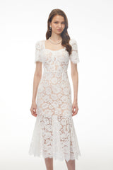 Giselle White Puff Sleeve Floral Lace Midi Dress