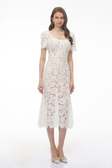 Giselle White Puff Sleeve Floral Lace Midi Dress