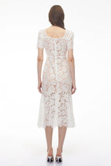 Giselle White Puff Sleeve Floral Lace Midi Dress