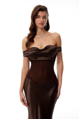Gitta Brown Off Shoulder Satin Maxi Gown