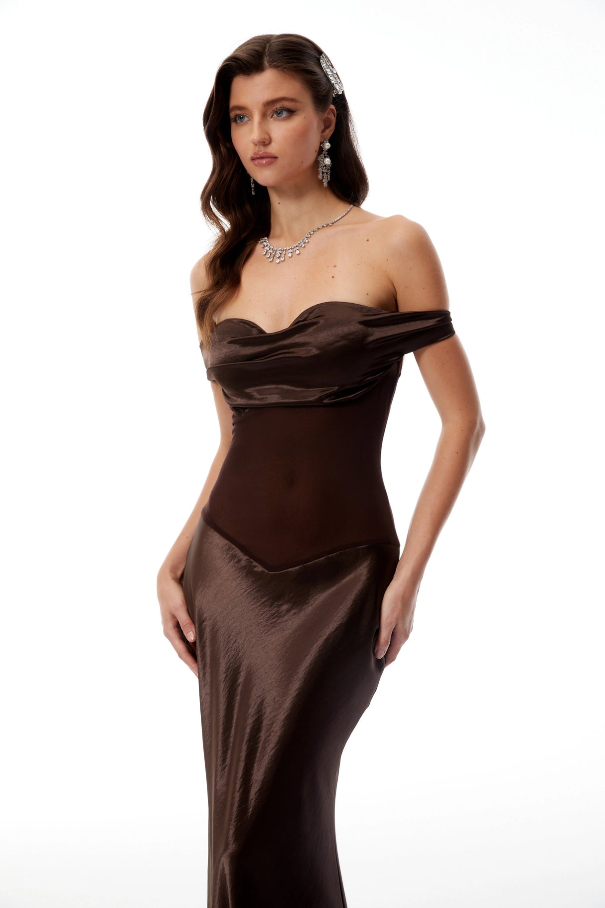 Gitta Brown Off Shoulder Satin Maxi Gown