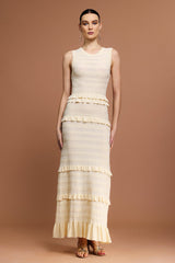 Giuditta Beige Maxi Dress with Ruffles Round Neckline High Quality Materials Flattering Fit Elegant