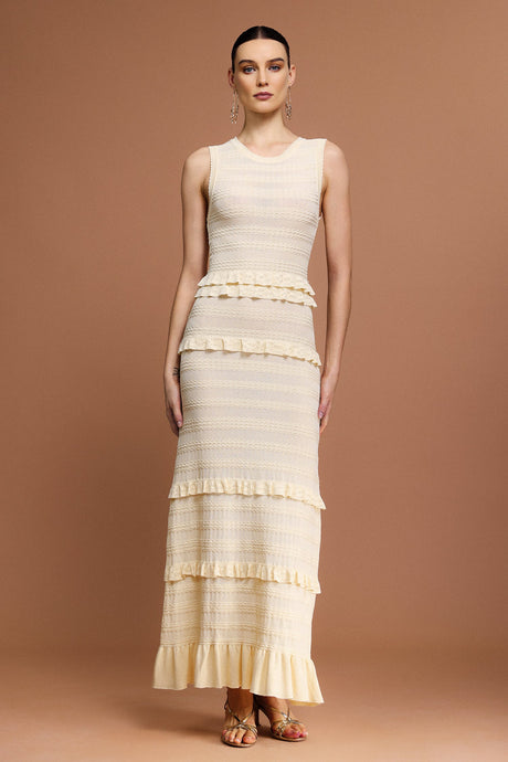 Giuditta Beige Maxi Dress with Ruffles Round Neckline High Quality Materials Flattering Fit Elegant