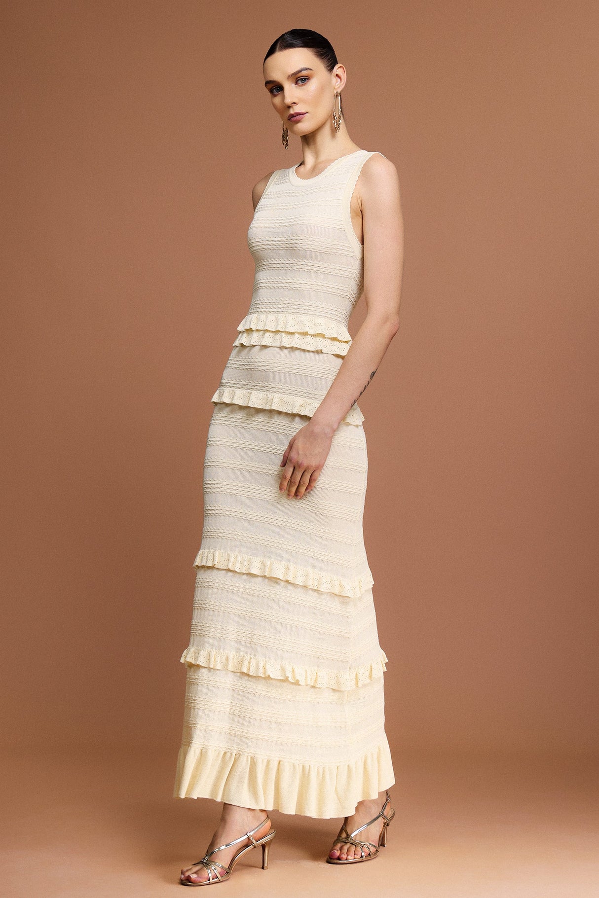 Giuditta Beige Maxi Dress with Ruffles and Round Neckline
