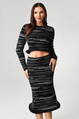 Giuditta Black Textured Fabric Dress with Long Sleeves Knee-Length Skirt