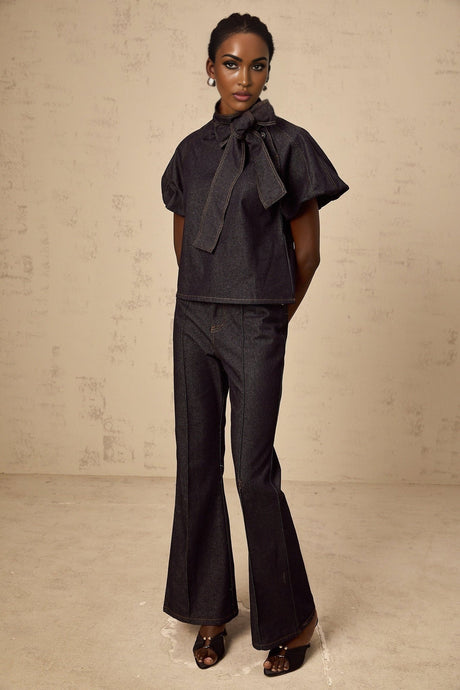 Giuditta Denim Blouse & Jeans Set - Ribbon Tie - Neck Detailing - Short Puff Sleeves - Flared Hem - Classic Five Pockets