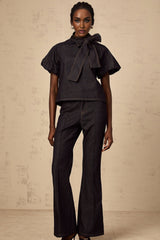 Giuditta Denim Blouse & Jeans Set - Ribbon Tie - Neck Detailing - Short Puff Sleeves - Flared Hem - Classic Five Pockets