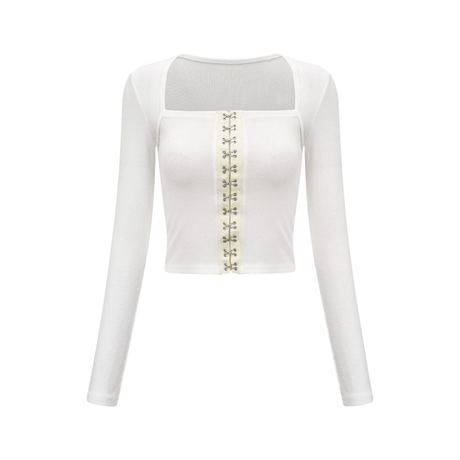 Giuditta Top - Scoop Neck - Front Buckle Fastening - Long Sleeves - Fitted Fit