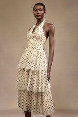 Giulia Beige Layered Dot Print Halter Midi Dress