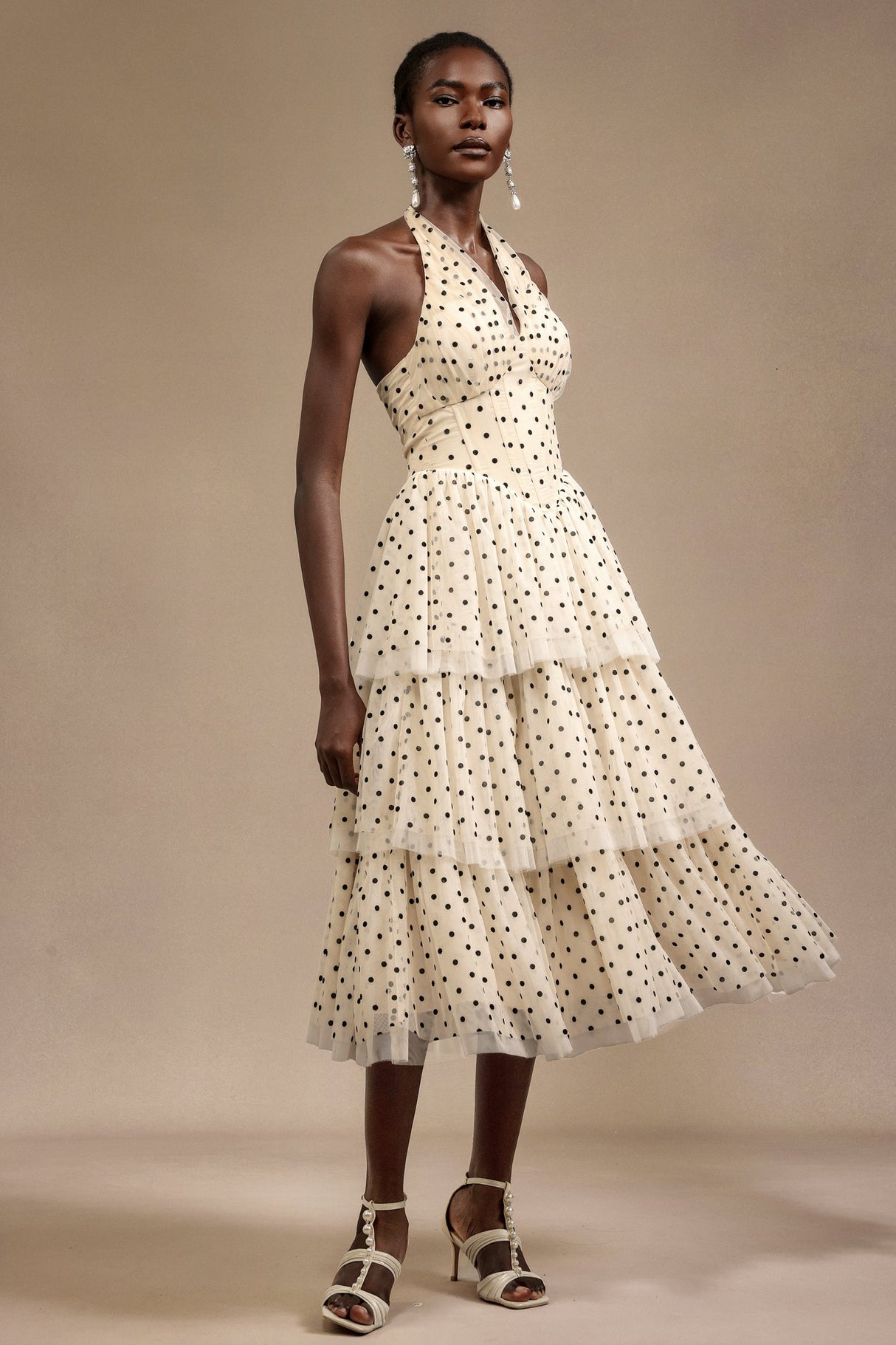 Giulia Beige Layered Dot Print Halter Midi Dress
