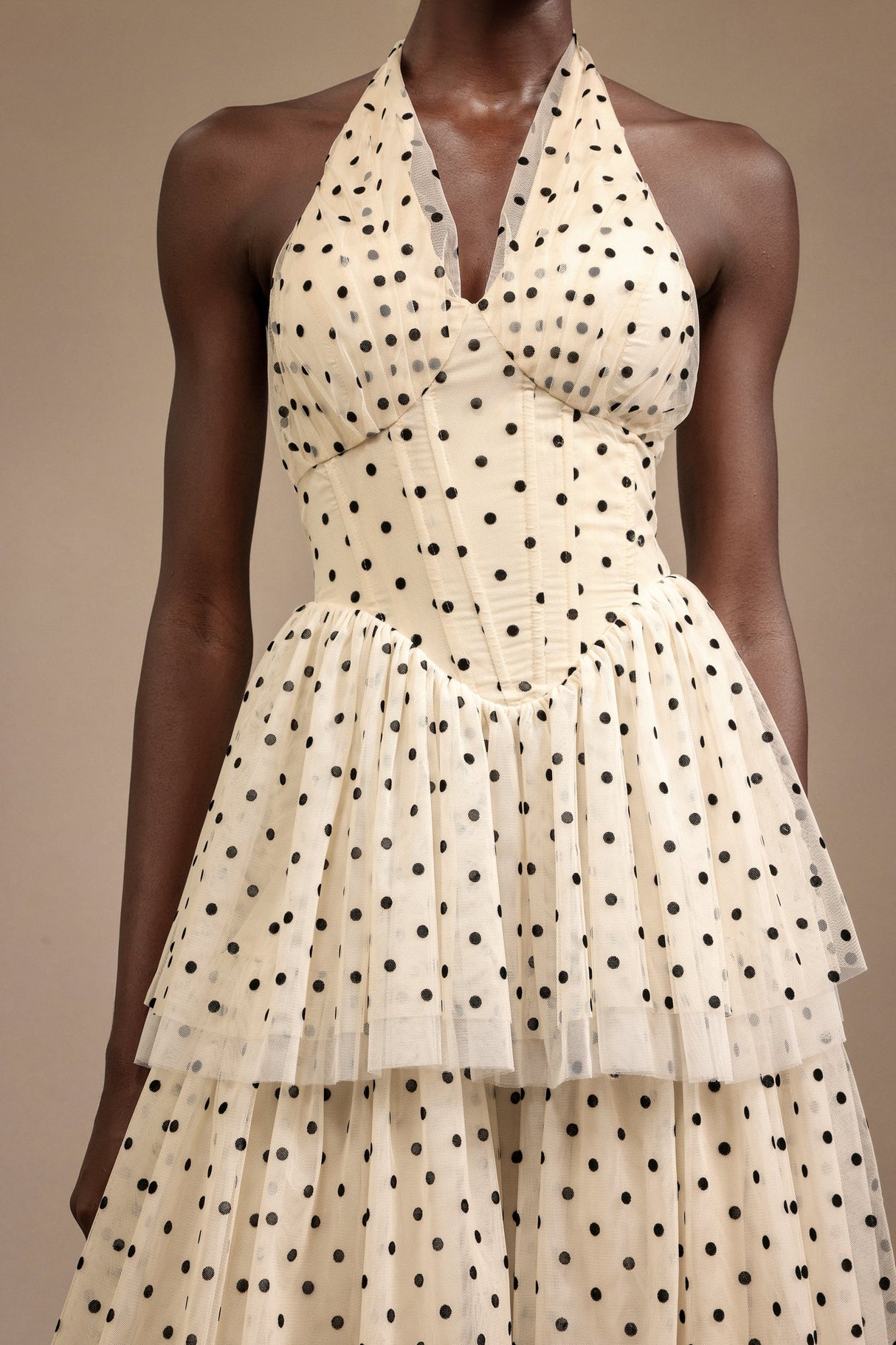Giulia Beige Layered Halter Midi Dress with Dot Print for Garden Parties and Special Occasions