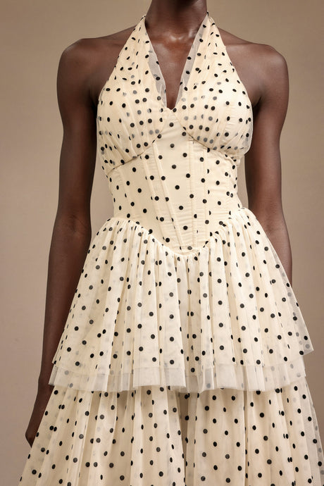 Giulia Beige Layered Halter Midi Dress with Dot Print for Garden Parties and Special Occasions
