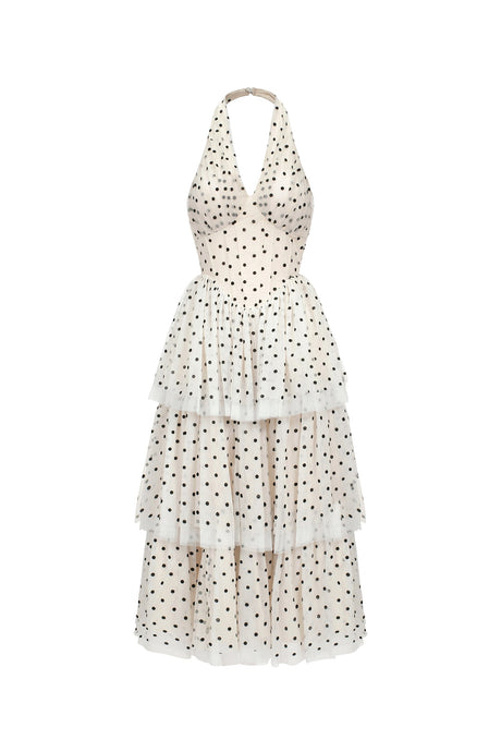 Giulia Beige Layered Halter Midi Dress with Dot Print