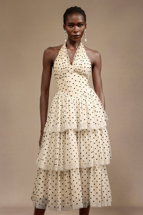Giulia Beige Layered Halter Midi Dress with Dot Print