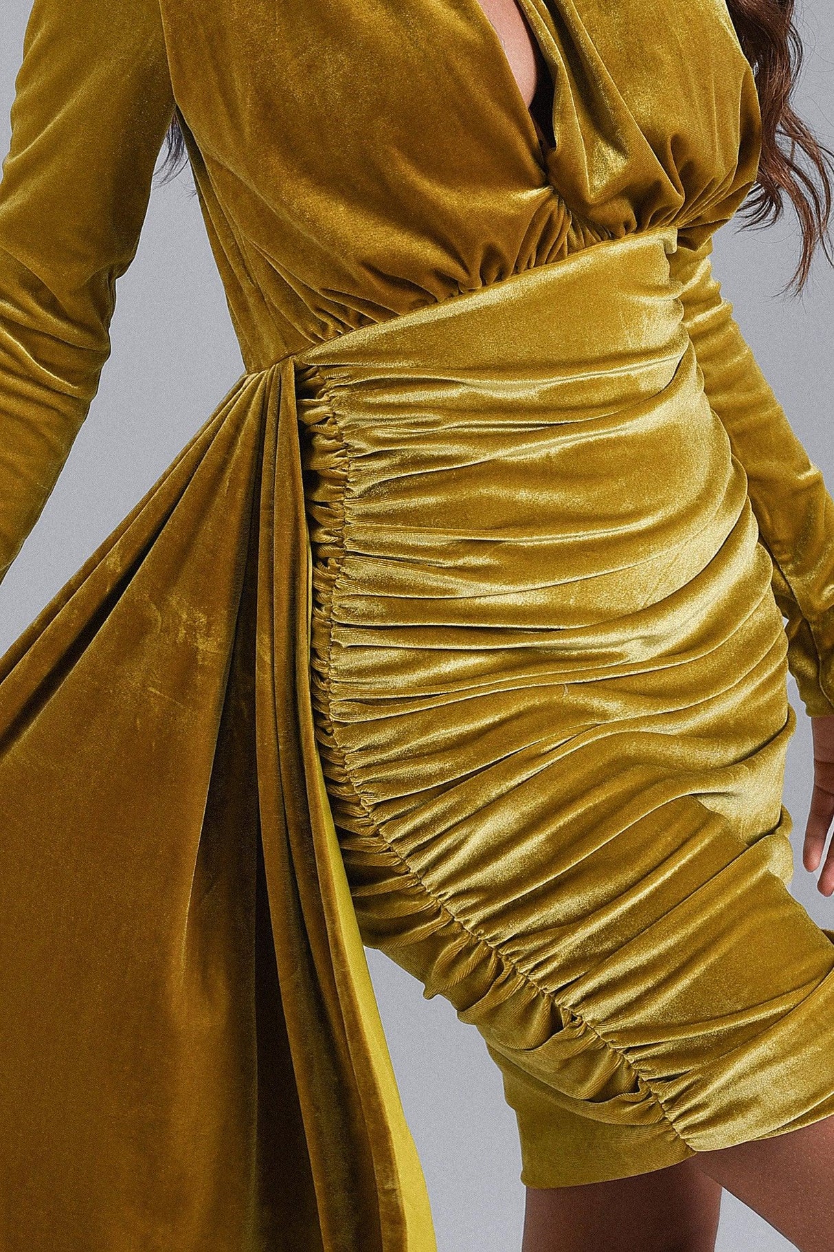 Giulia Gold Velvet Dress with Intricate Detailing and Dramatic Neckline