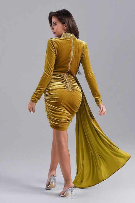 Giulia Gold Velvet Dress with Intricate Detailing and Dramatic Neckline