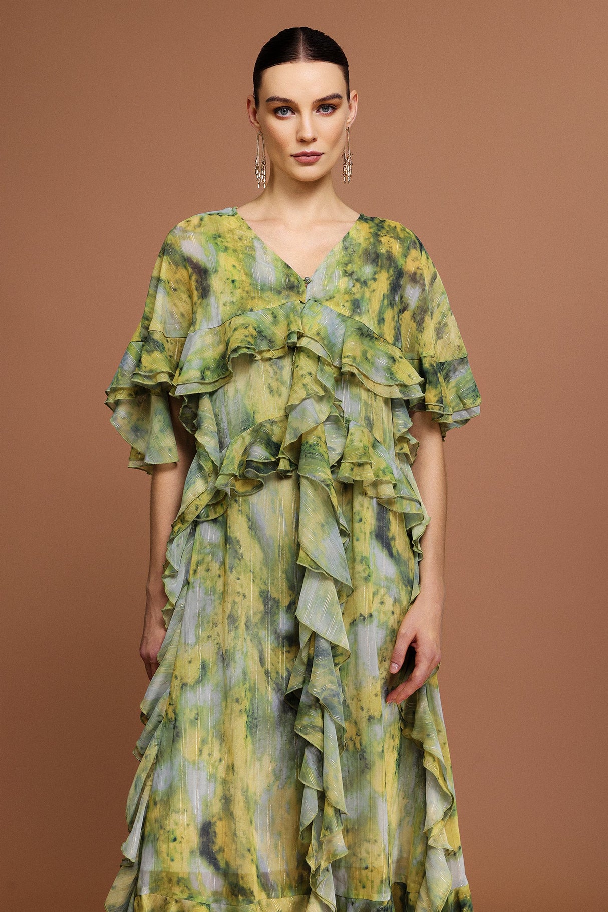 Giulia Green Maxi Dress with Ruffled Detailing for Casual and Formal Events