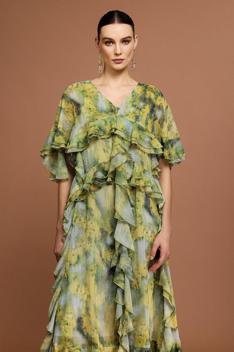 Giulia Green Maxi Dress with Ruffled Detailing for Casual and Formal Events