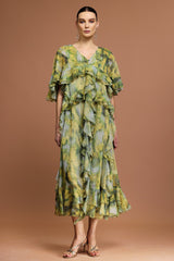 Giulia Green Maxi Dress Ruffled V-Neckline Short Sleeves Bohemian Print