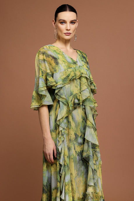 Giulia Green Ruffled Maxi Dress V-Neckline Short Sleeves Artistic Print Bohemian Chic