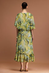 Giulia Green Ruffled Maxi Dress V-neckline Short Sleeves Bohemian Summer Beach