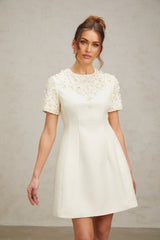 Giulia Mini Dress – Short Sleeves – Cinched Waist – Floral Appliqué