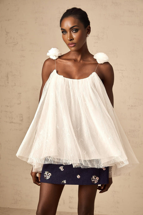 Giulia Top - Mesh Fabric - Flower Appliqué - Sequin Embellishment