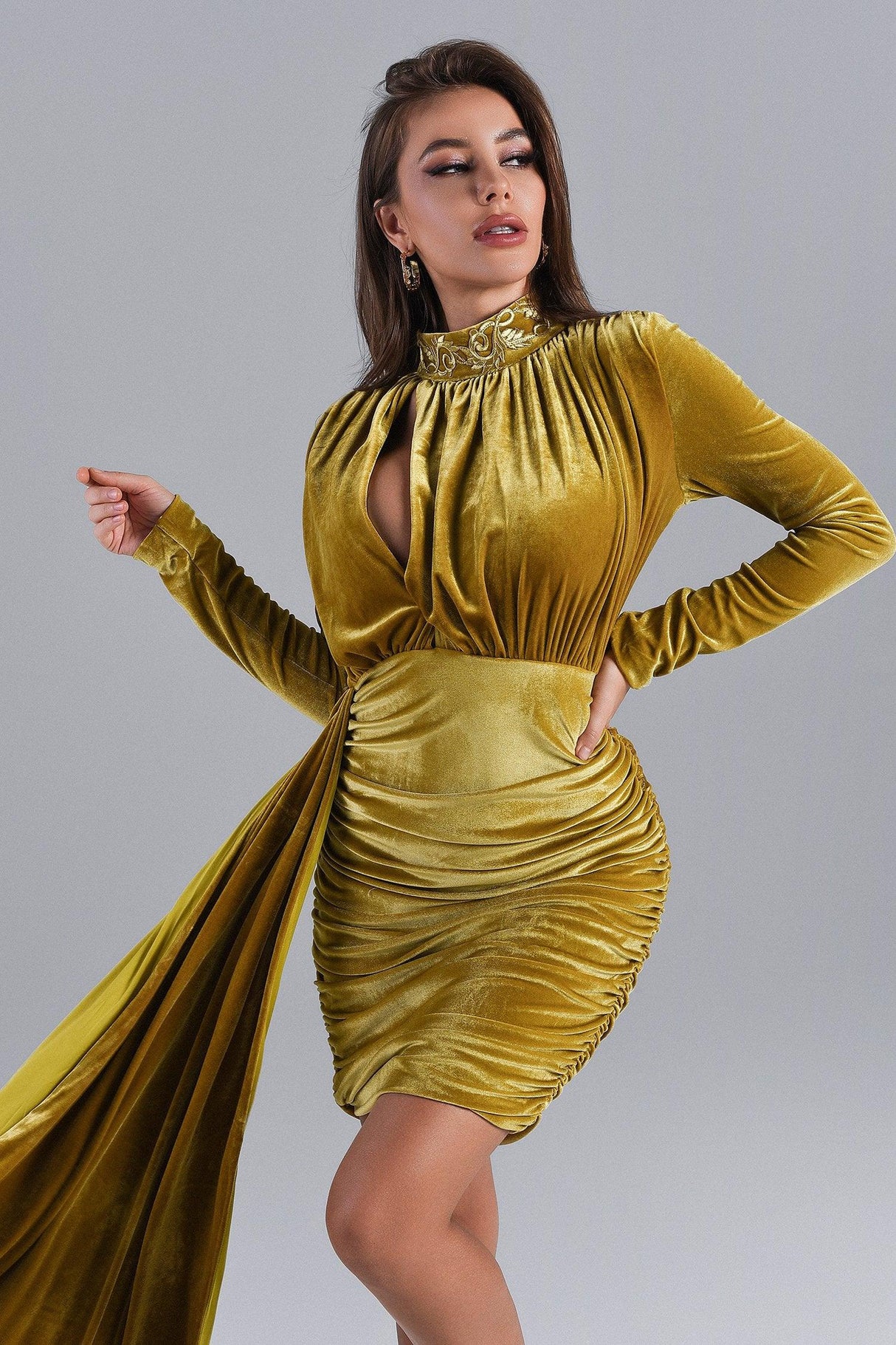 Giulia Velvet Masterpiece Gold Dress with Intricate Detailing and Dramatic Neckline for Evening Gatherings and Special Occasions