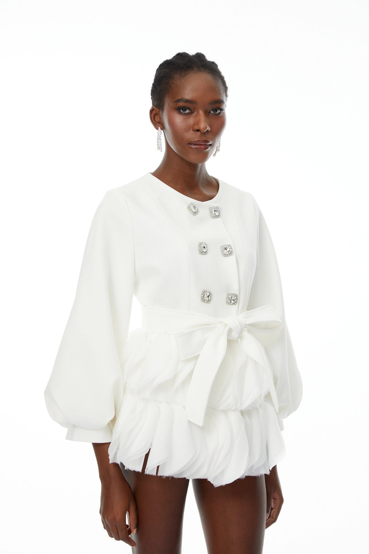Giulia White Belted Ruffled Panel Mini Dress