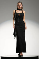 Giuliana Black Evening Event Dress with Plunging Neckline and Embellishments