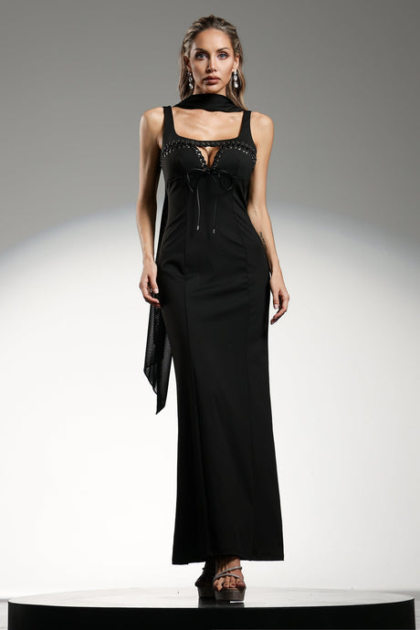 Giuliana Black Evening Event Dress with Plunging Neckline and Embellishments