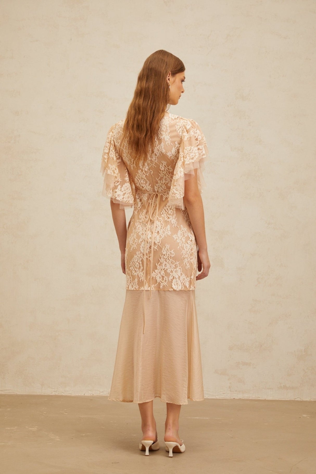 Giuliana Midi Dress - Mock Neck - Ruffled Batwing Sleeves - Floral Lace - Bead Embellishment - Mermaid Hem