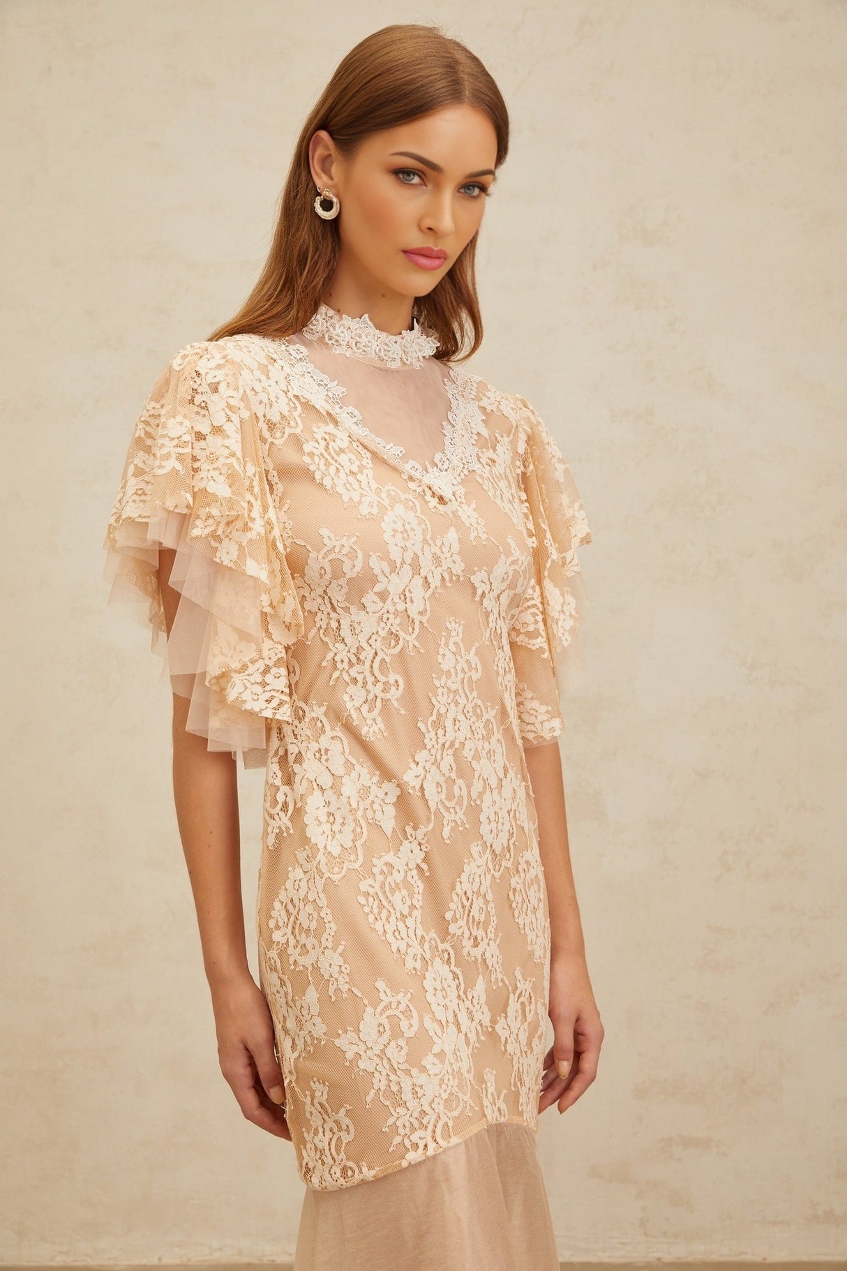 Giuliana Midi Dress - Mock Neck - Ruffled Batwing Sleeves - Floral Lace - Bead Embellishment - Mermaid Hem