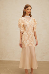 Giuliana Midi Dress - Mock Neck - Ruffled Batwing Sleeves - Floral Lace - Bead Embellishment - Mermaid Hem