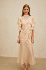 Giuliana Midi Dress - Mock Neck - Ruffled Batwing Sleeves - Floral Lace - Bead Embellishment - Mermaid Hem