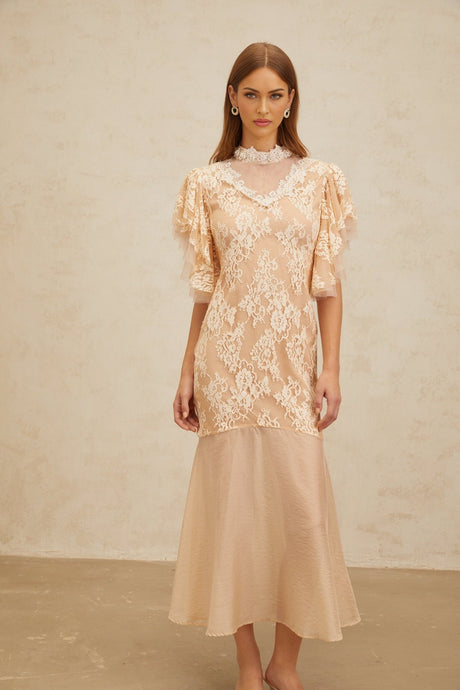 Giuliana Midi Dress - Mock Neck - Ruffled Batwing Sleeves - Floral Lace - Bead Embellishment - Mermaid Hem