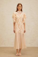 Giuliana Midi Dress - Mock Neck - Ruffled Batwing Sleeves - Floral Lace - Bead Embellishment - Mermaid Hem