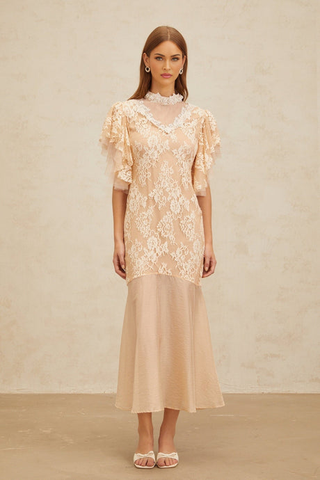 Giuliana Midi Dress - Mock Neck - Ruffled Batwing Sleeves - Floral Lace - Bead Embellishment - Mermaid Hem
