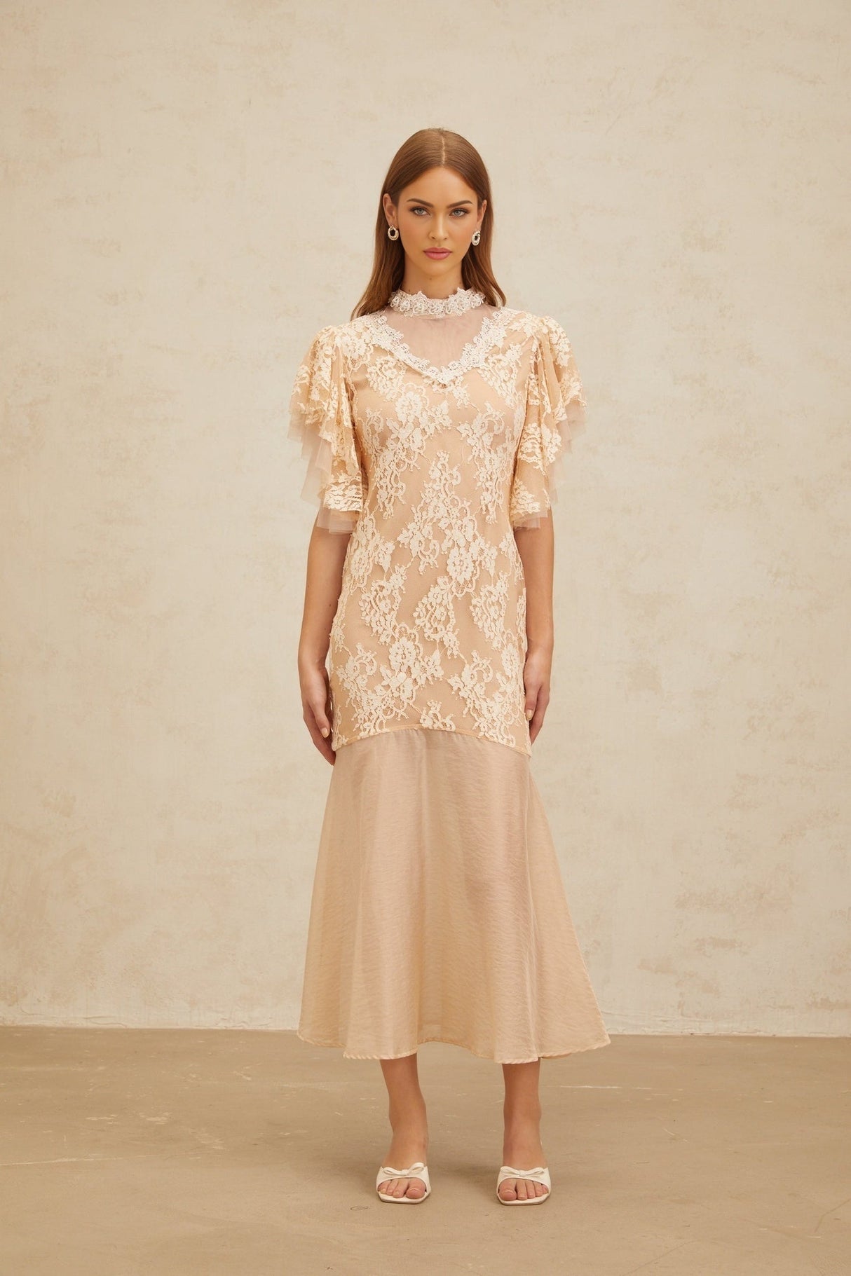 Giuliana Midi Dress - Mock Neck - Ruffled Batwing Sleeves - Floral Lace - Bead Embellishment - Mermaid Hem