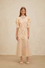 Giuliana Midi Dress - Mock Neck - Ruffled Batwing Sleeves - Floral Lace - Bead Embellishment - Mermaid Hem